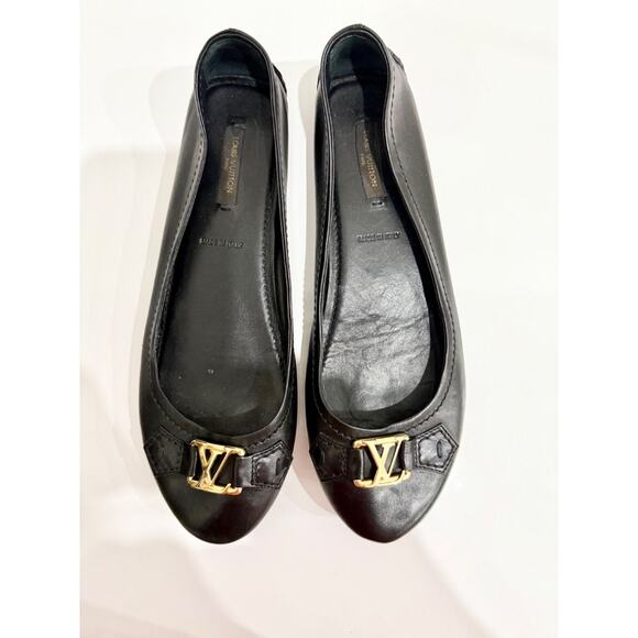 Louis Vuitton Gold Tone LV Leather Ballet Flat Shoes Black Oxford Womens Size 39 - Picture 1 of 7